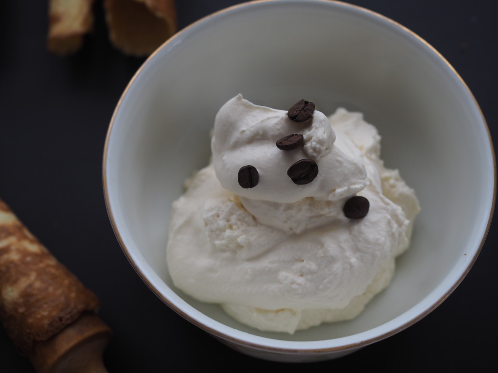 Krumkaker with espresso cream and juniper berry cream