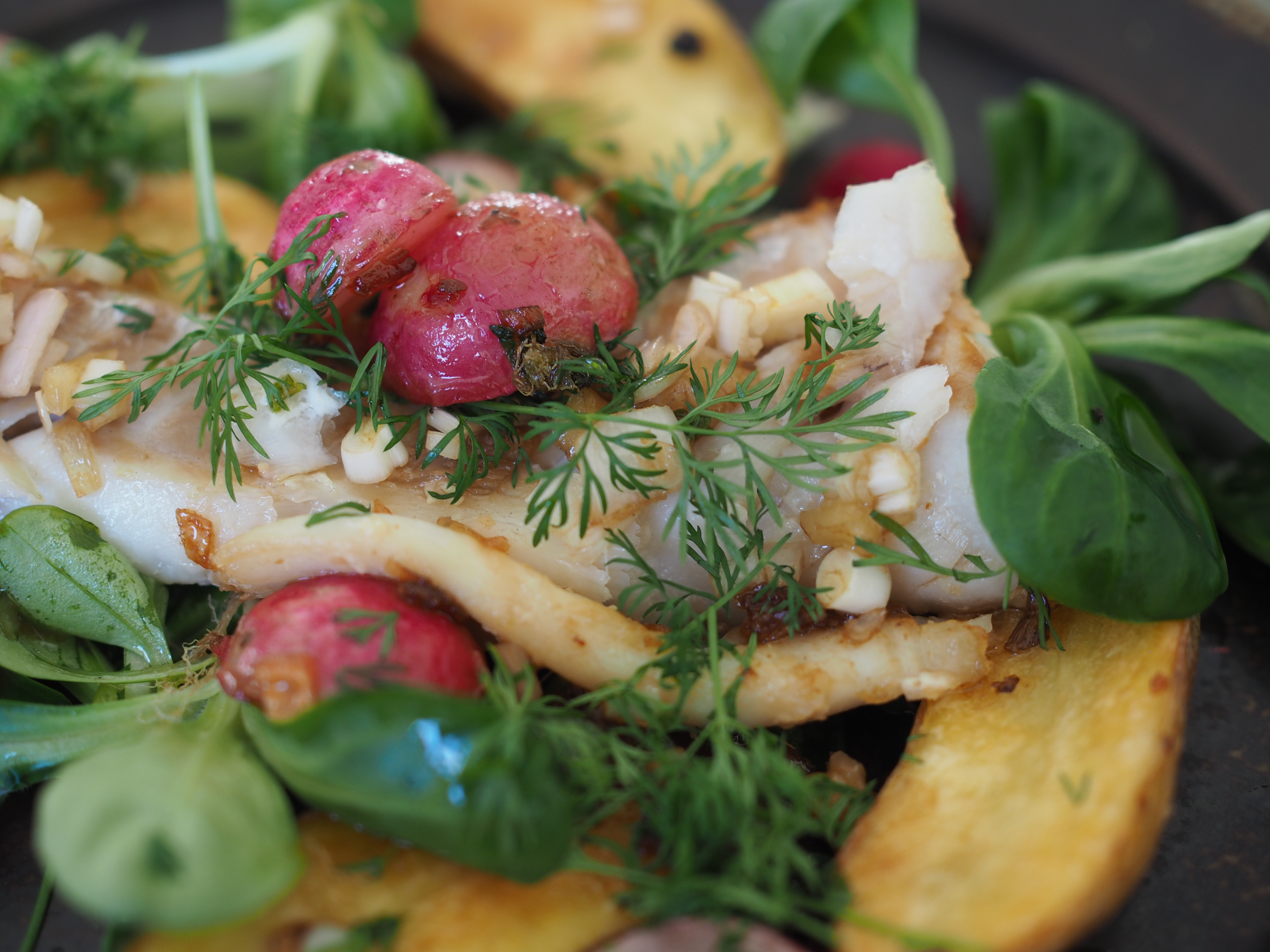 Pan-Seared Fish & Radish Salad with Slow-Fried Potatoes
