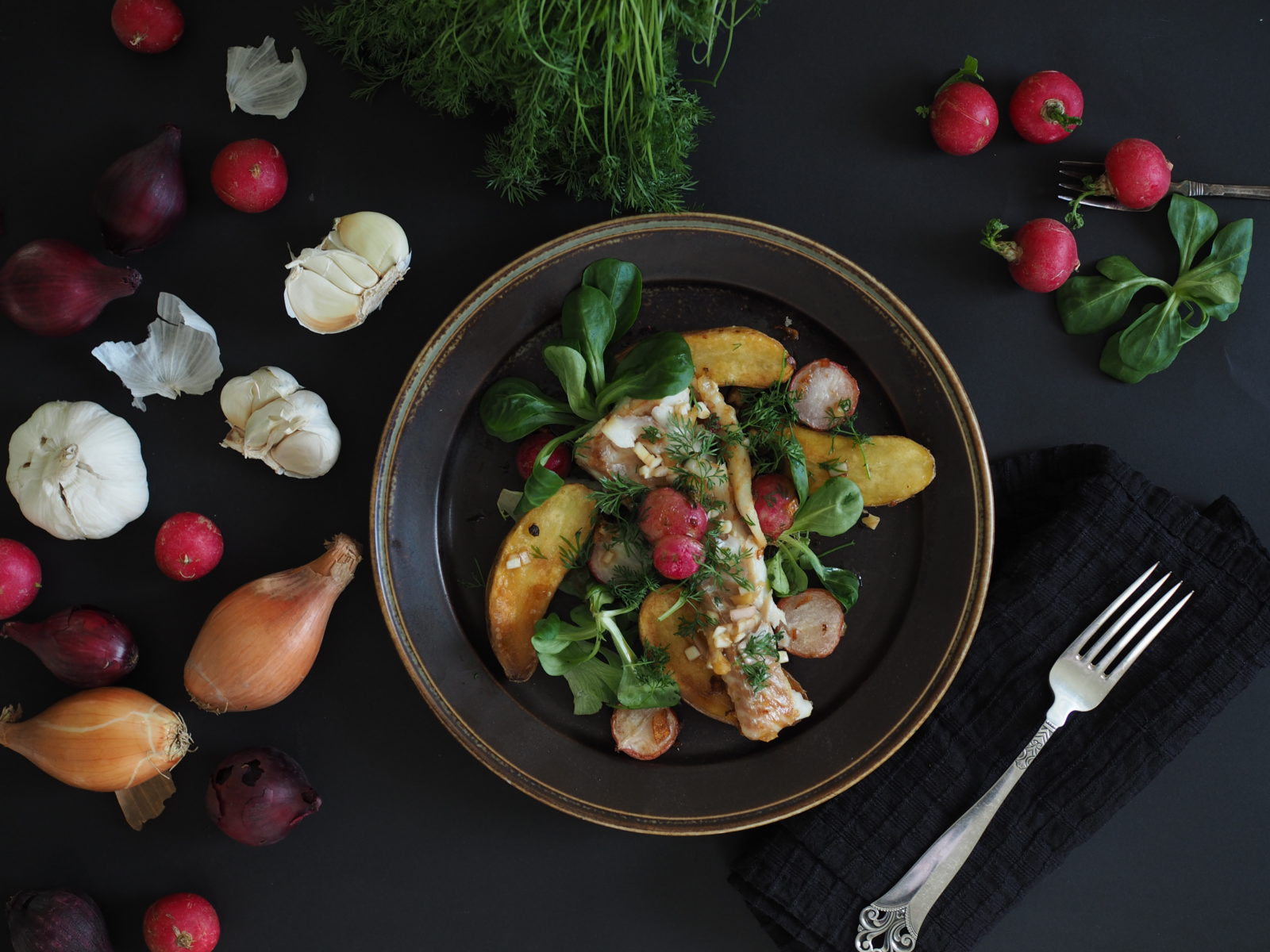 Pan-Seared Fish & Radish Salad with Slow-Fried Potatoes