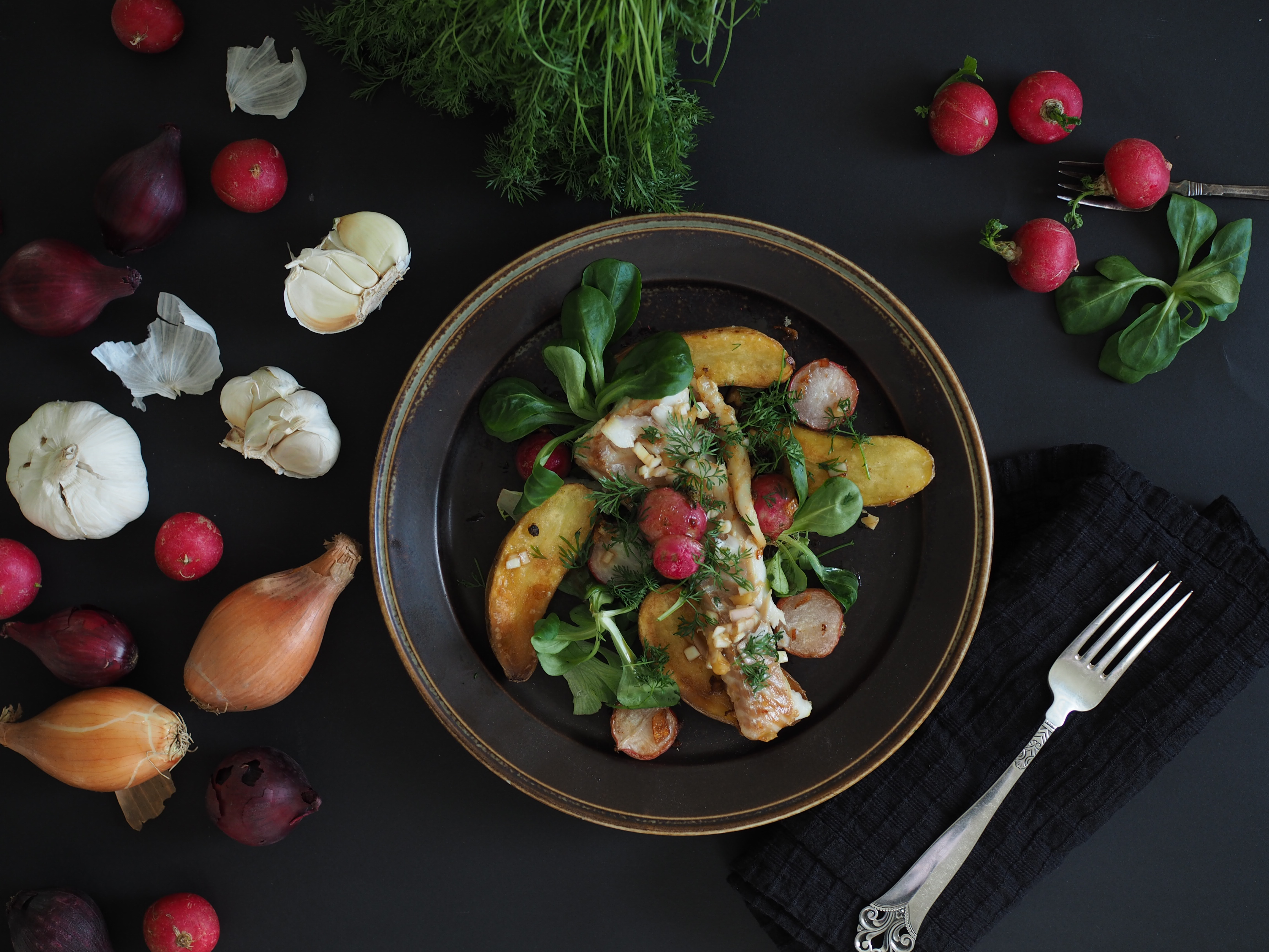 Pan-Seared Fish & Radish Salad with Slow-Fried Potatoes