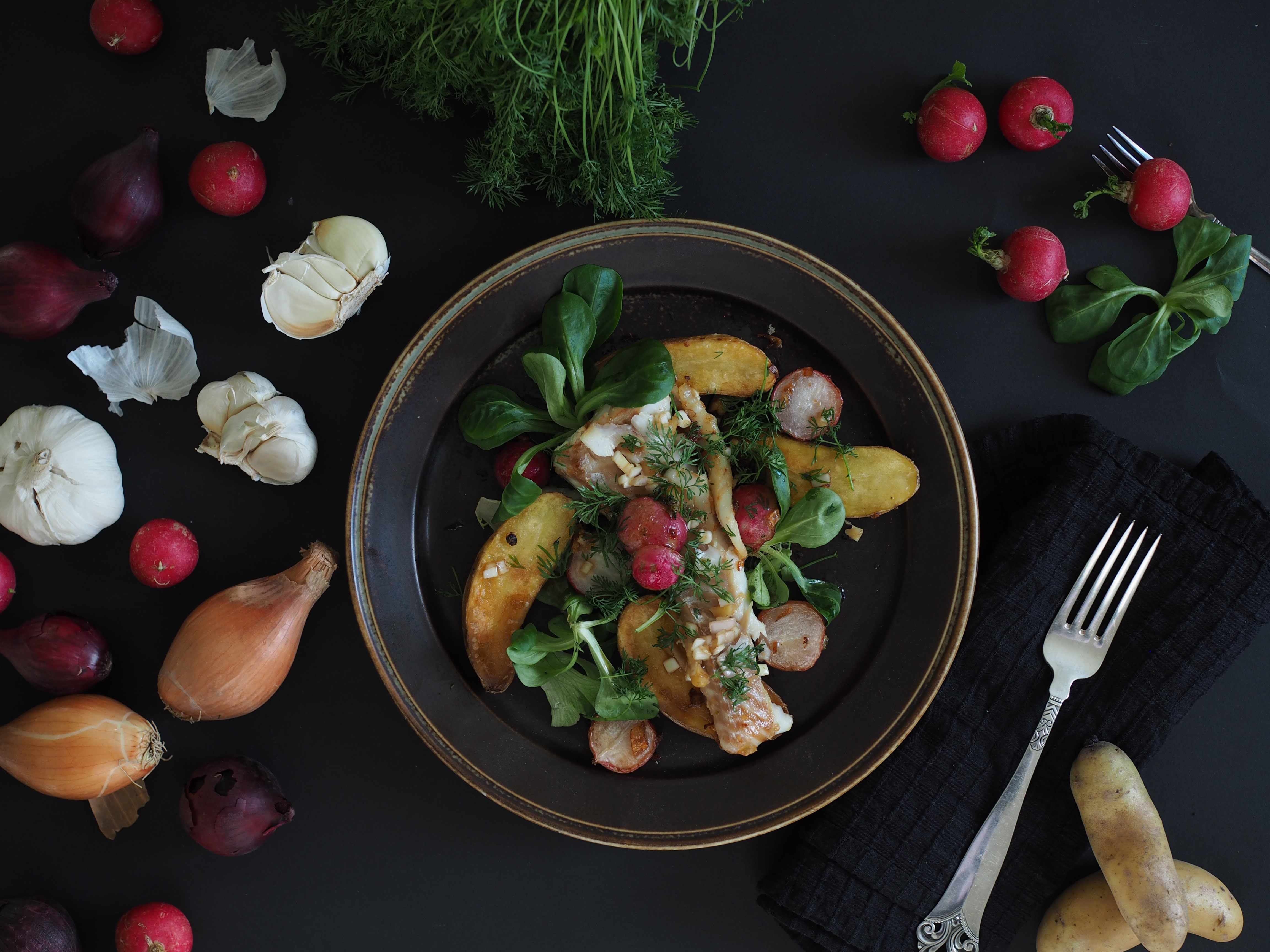 Pan-Seared Fish & Radish Salad with Slow Fried Potatoes