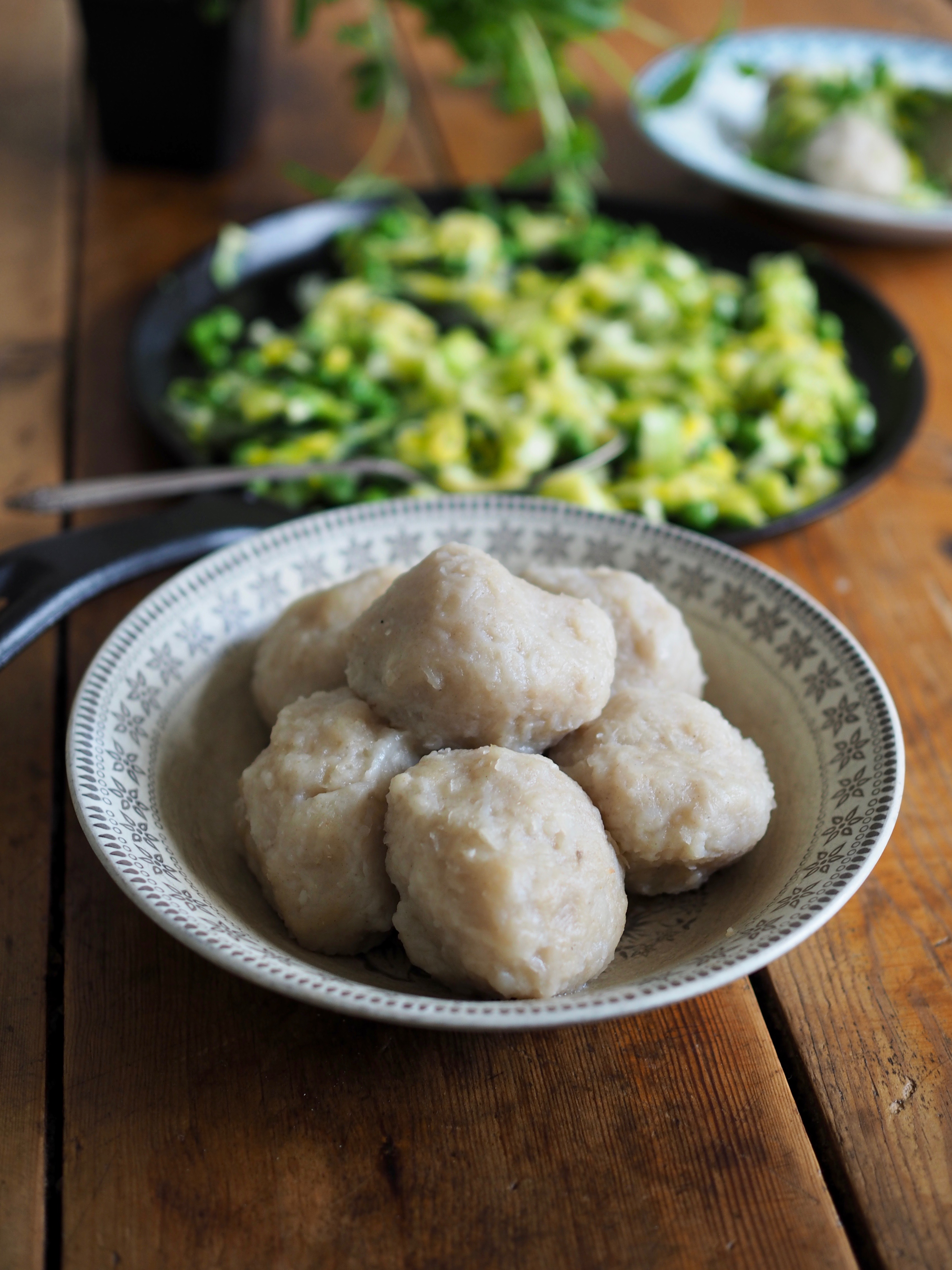 Norwegian Potato Dumplings with Spring Vegetables (Raspeballer)