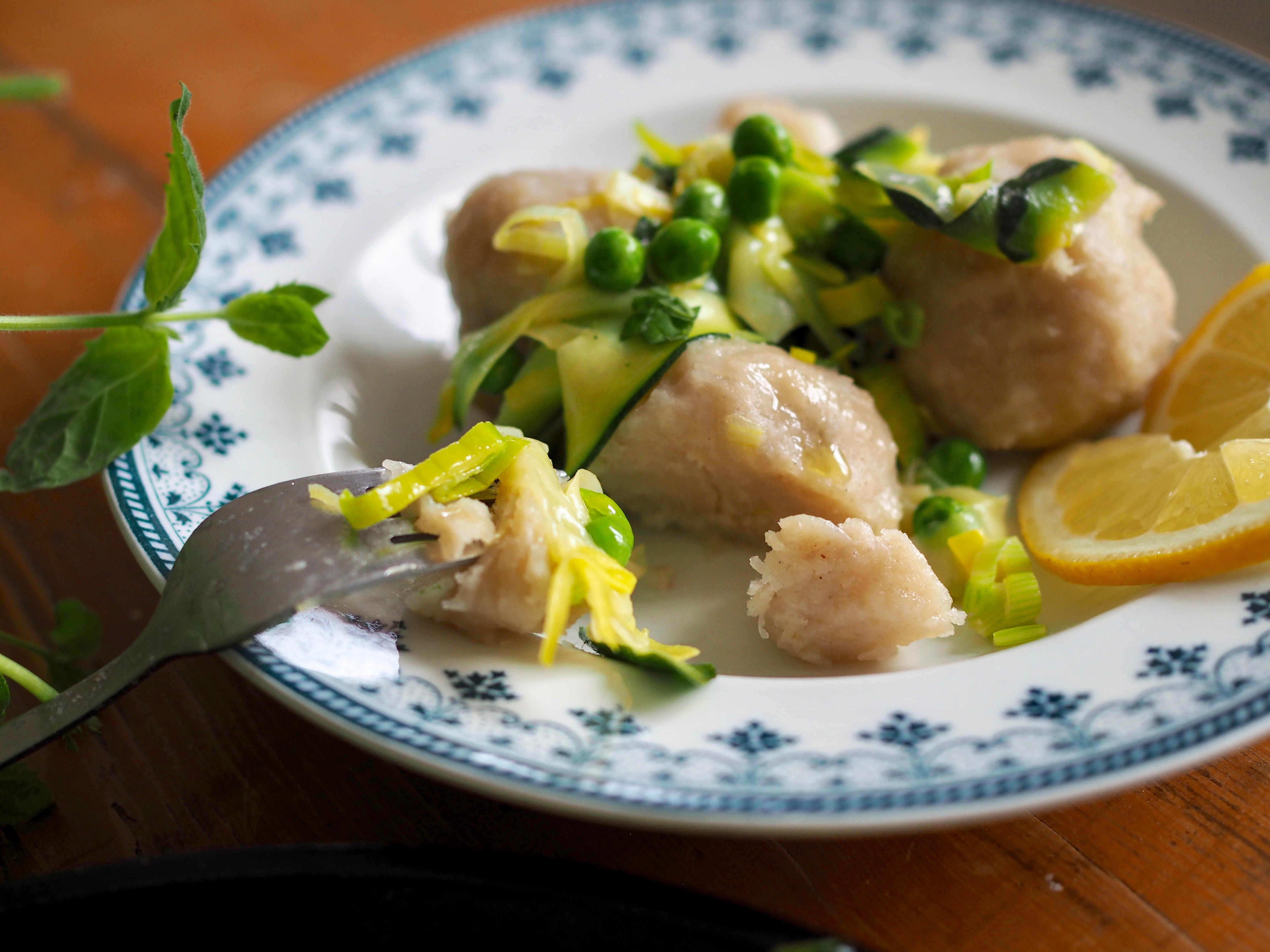 Norwegian Potato Dumplings with Spring Vegetables (Raspeballer)