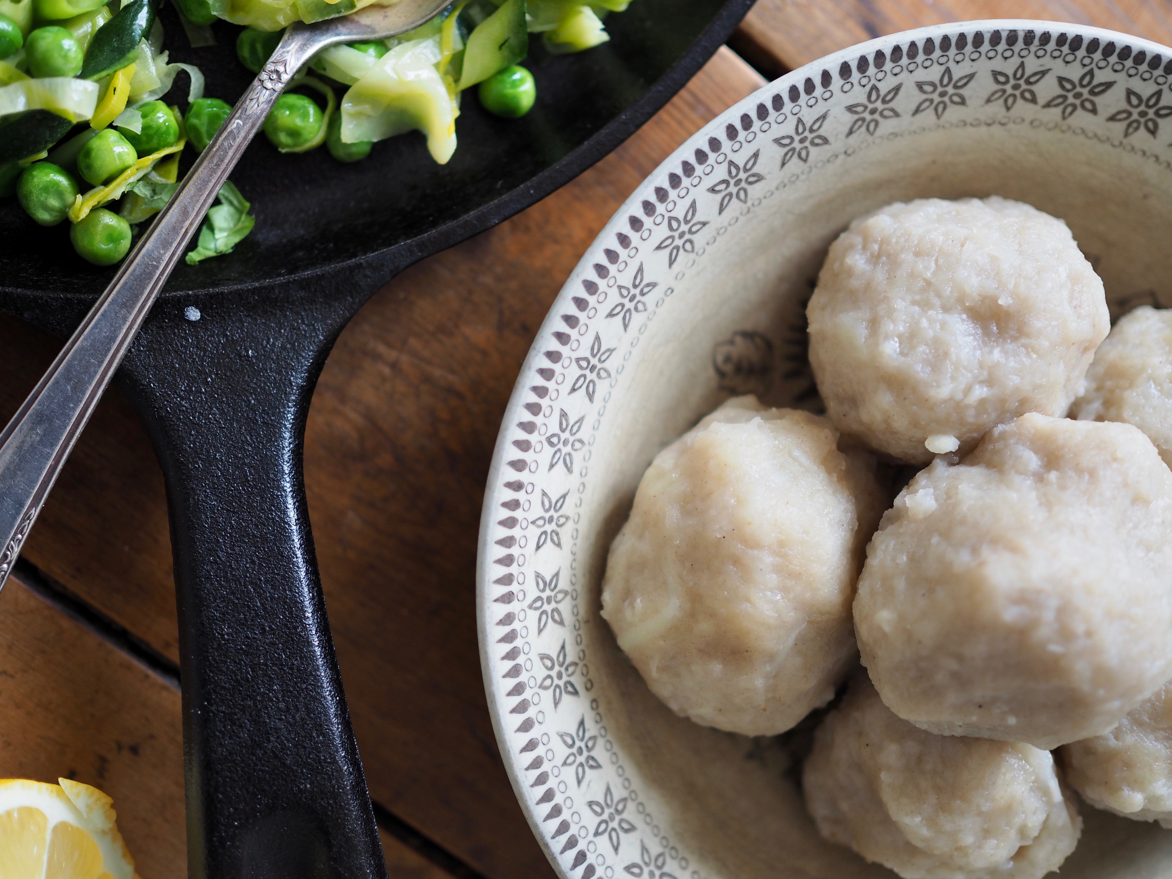 Norwegian Potato Dumplings with Spring Vegetables (Raspeballer)