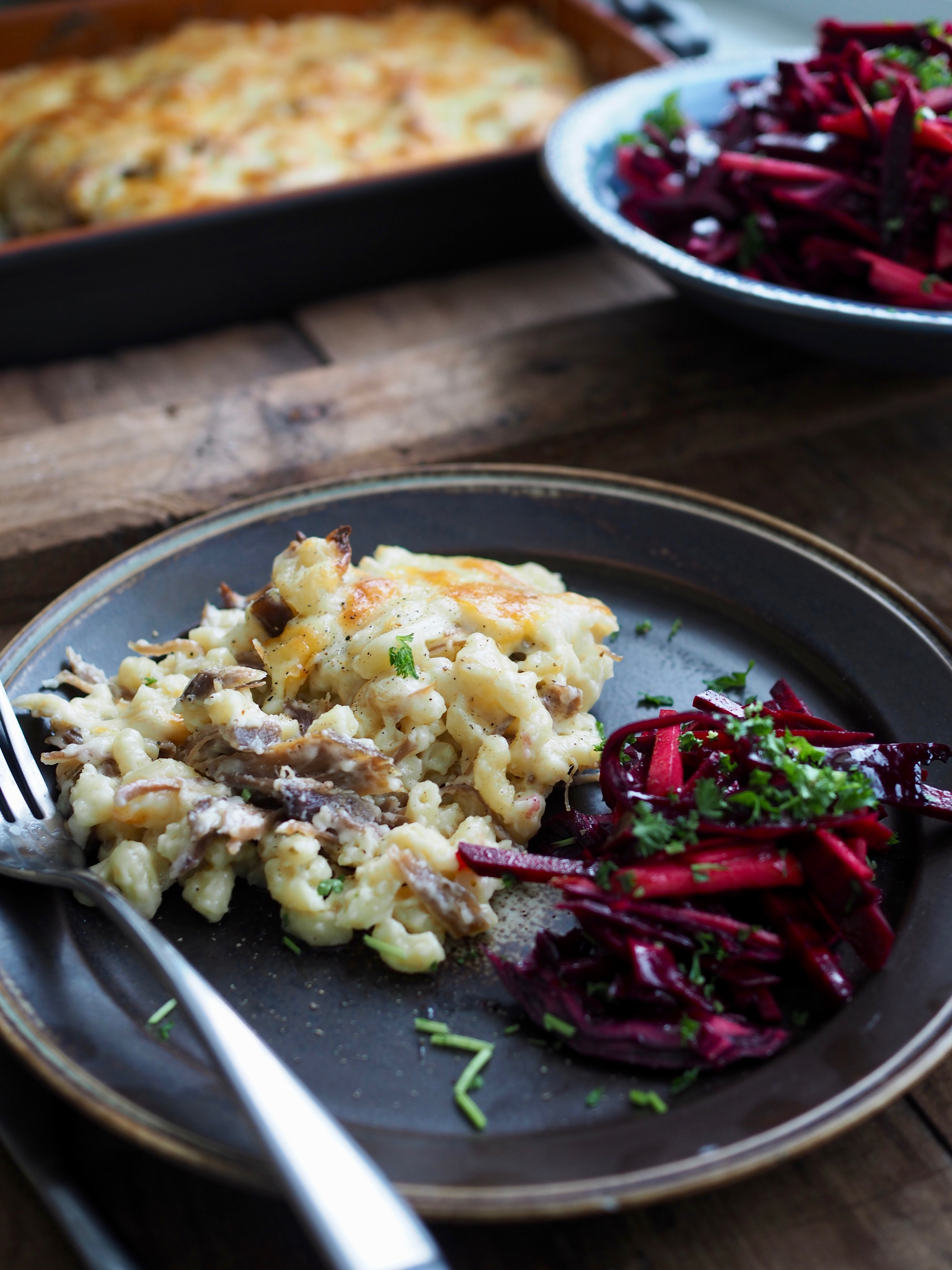 Norwegian Pinnekjøtt Macaroni and Cheese and Winter Slaw