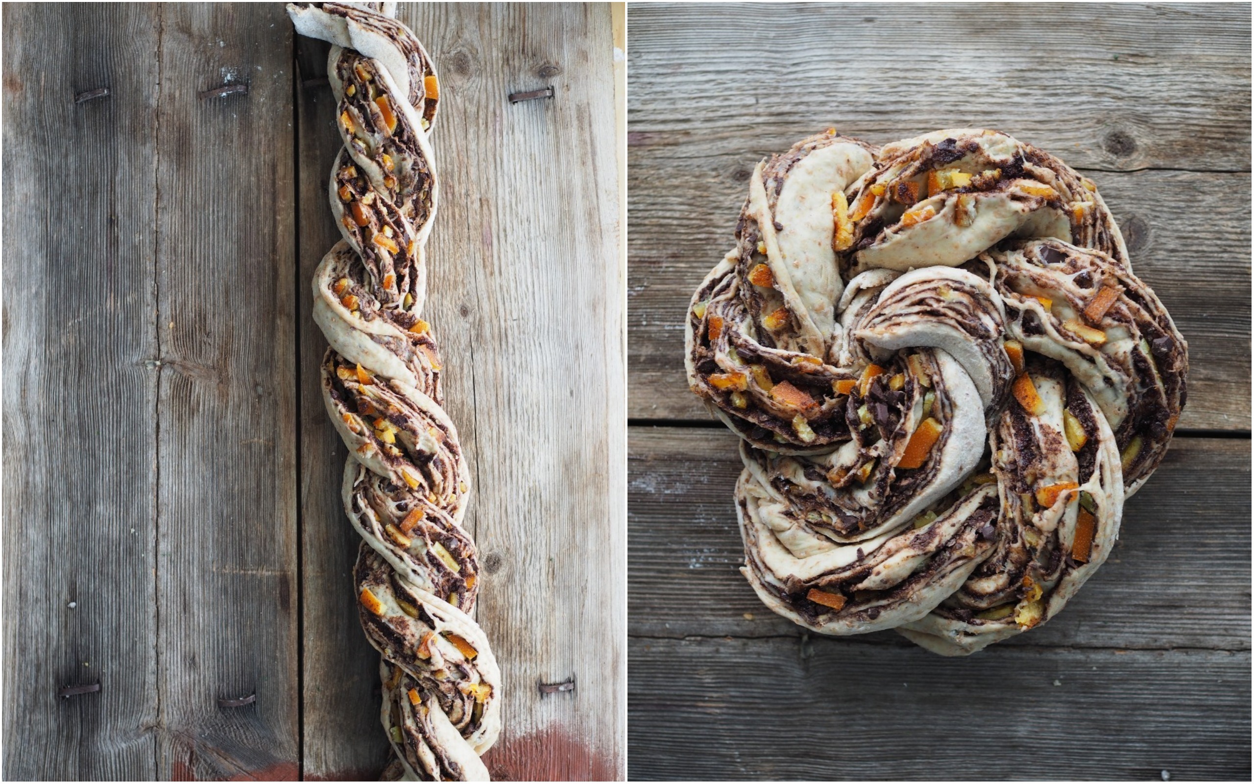 Whole Wheat Dark Chocolate and Candied Orange Peel Braided Swirl Bun (Grov-flettekrans med skjokolade og kandiserte appelsinskall)