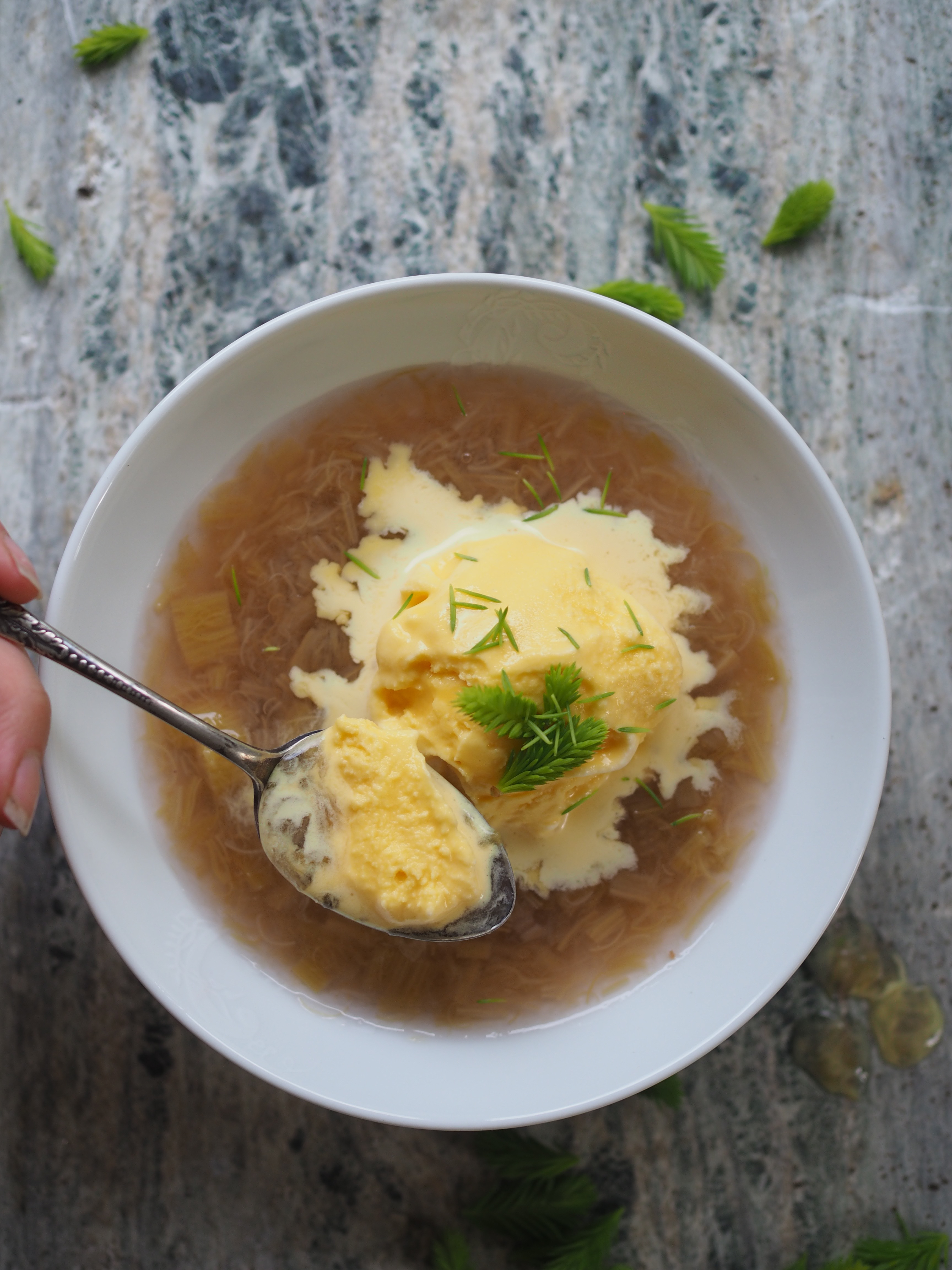 Norwegian Rhubarb Soup and Spruce Tip Ice Cream (rabarbragrøt og granskuddiskrem)