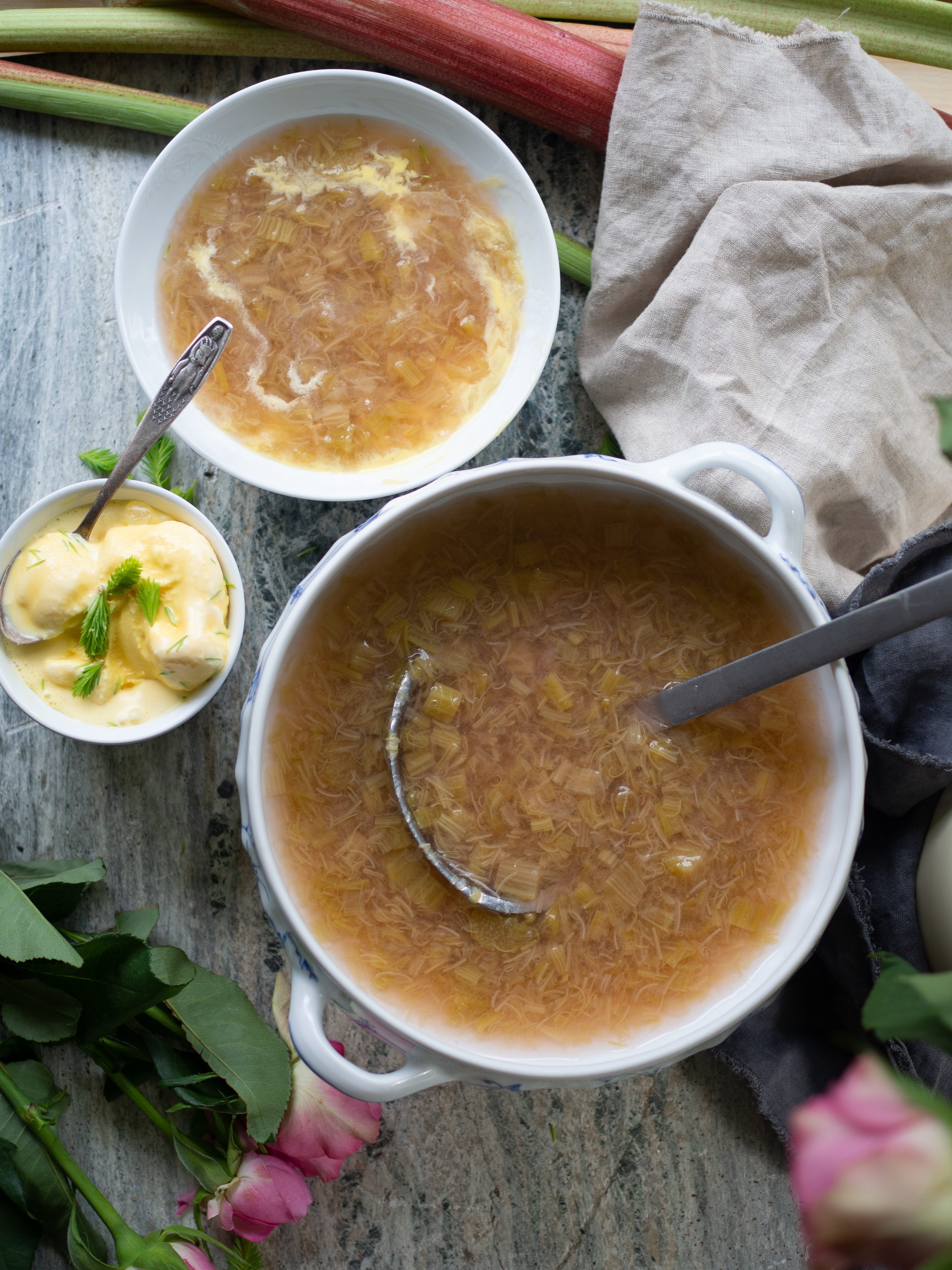 Norwegian Rhubarb Soup and Spruce Tip Ice Cream (rabarbragrøt og granskuddiskrem)