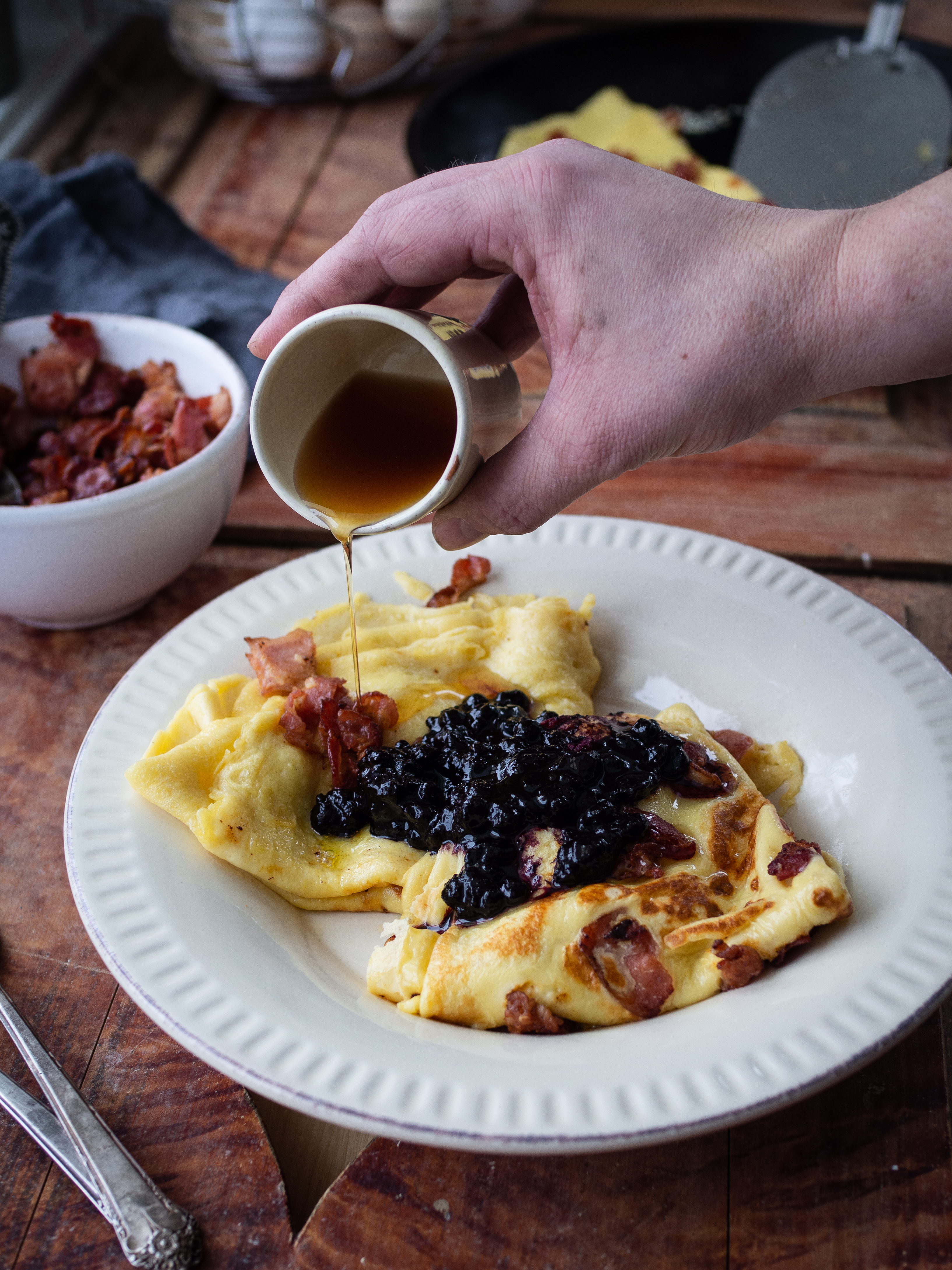 Norwegian Pancakes with Bacon, Sirup and Blueberry Compote (Fleskepannekaker)