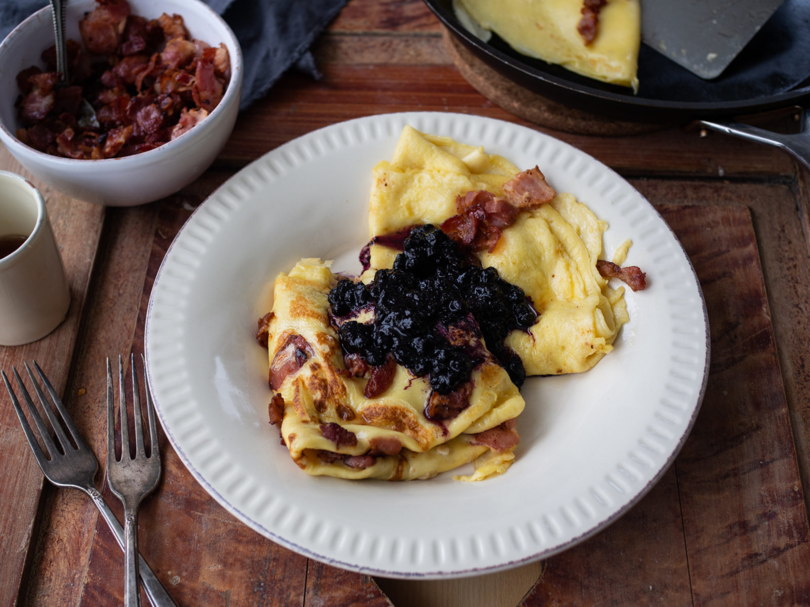 Norwegian Pancakes with Bacon, Sirup and Blueberry Compote (Fleskepannekaker)