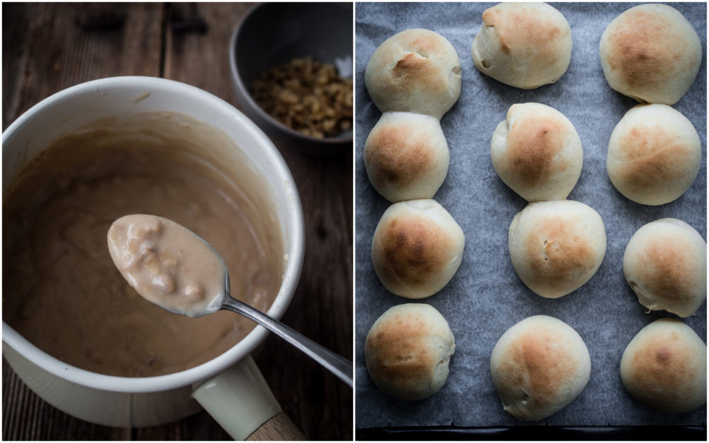 Sweet Buns with a Chocolate Glaze, Walnut Custard and Cream (Fastelavnsboller med valnøtterkrem og sjokoladeglasur)