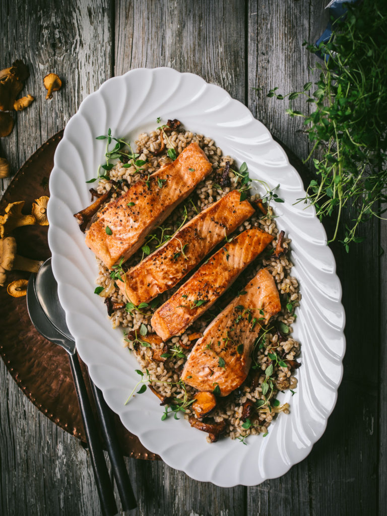 Pan-Seared Salmon with Buttery Chanterelles & Barley
