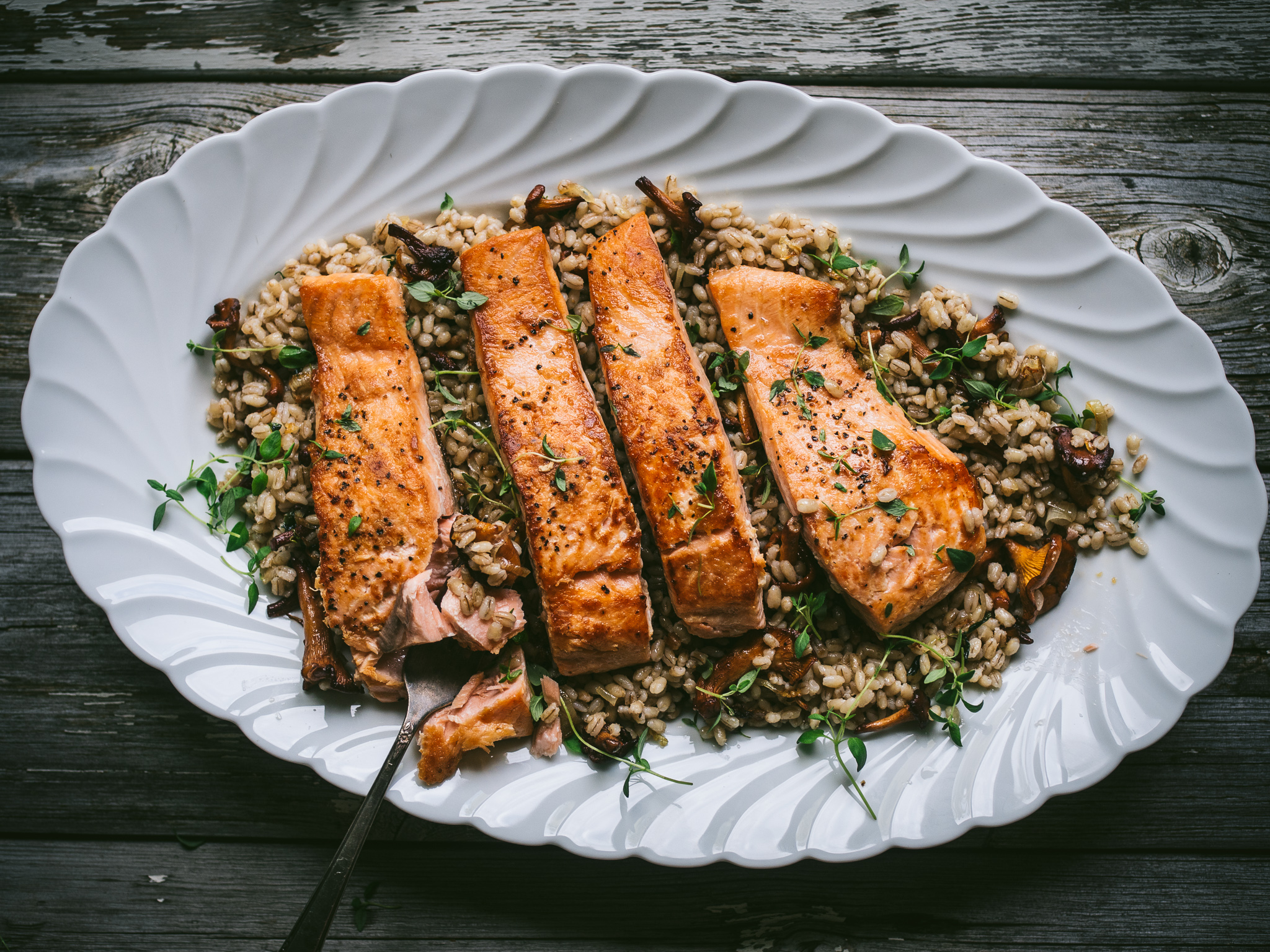 Pan-Seared Salmon with Buttery Chanterelles & Barley