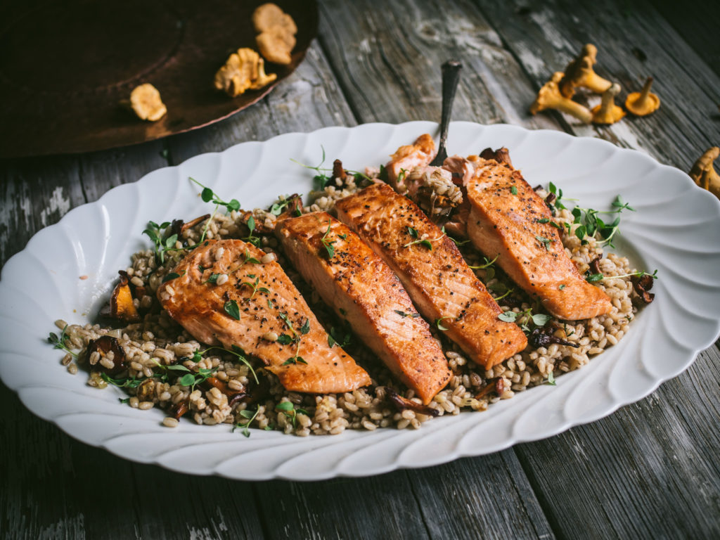 Pan-Seared Salmon with Buttery Chanterelles & Barley