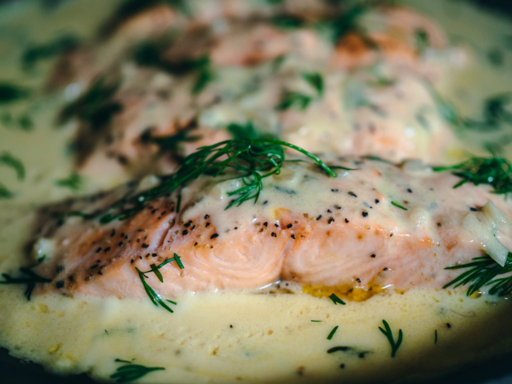 Hard Cider Poached Salmon with a Creamy Dill Sauce