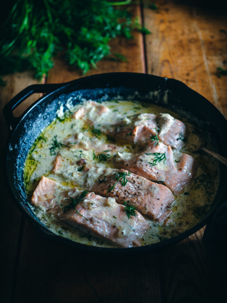 Hard Cider Poached Salmon with a Creamy Dill Sauce