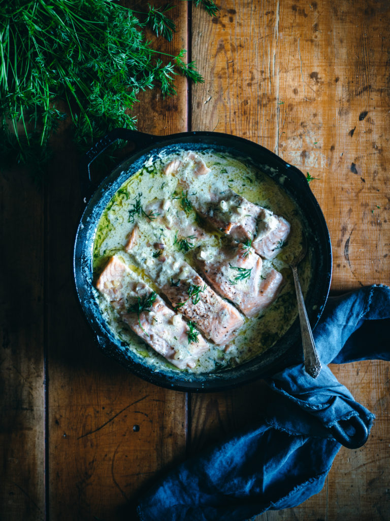 Hard Cider Poached Salmon with a Creamy Dill Sauce