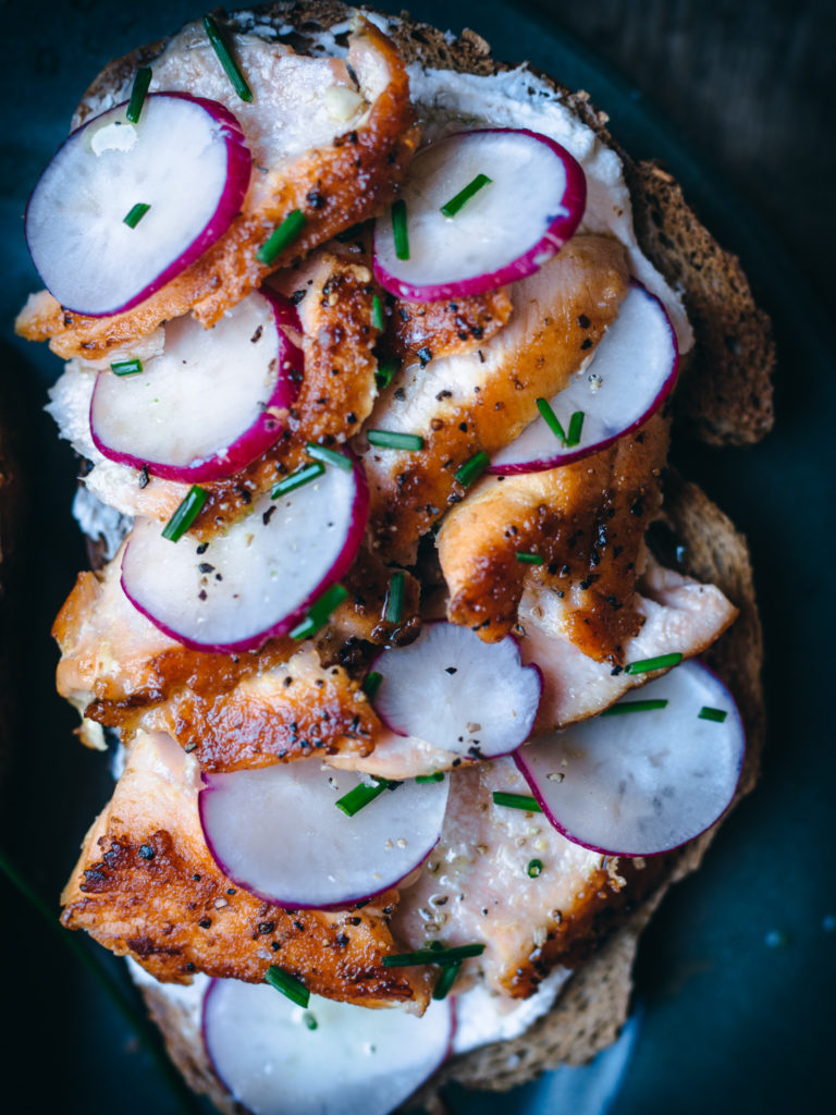 Salmon Open-Faced Sandwiches with Radishes & Chive Oil (smørbrød med laks)