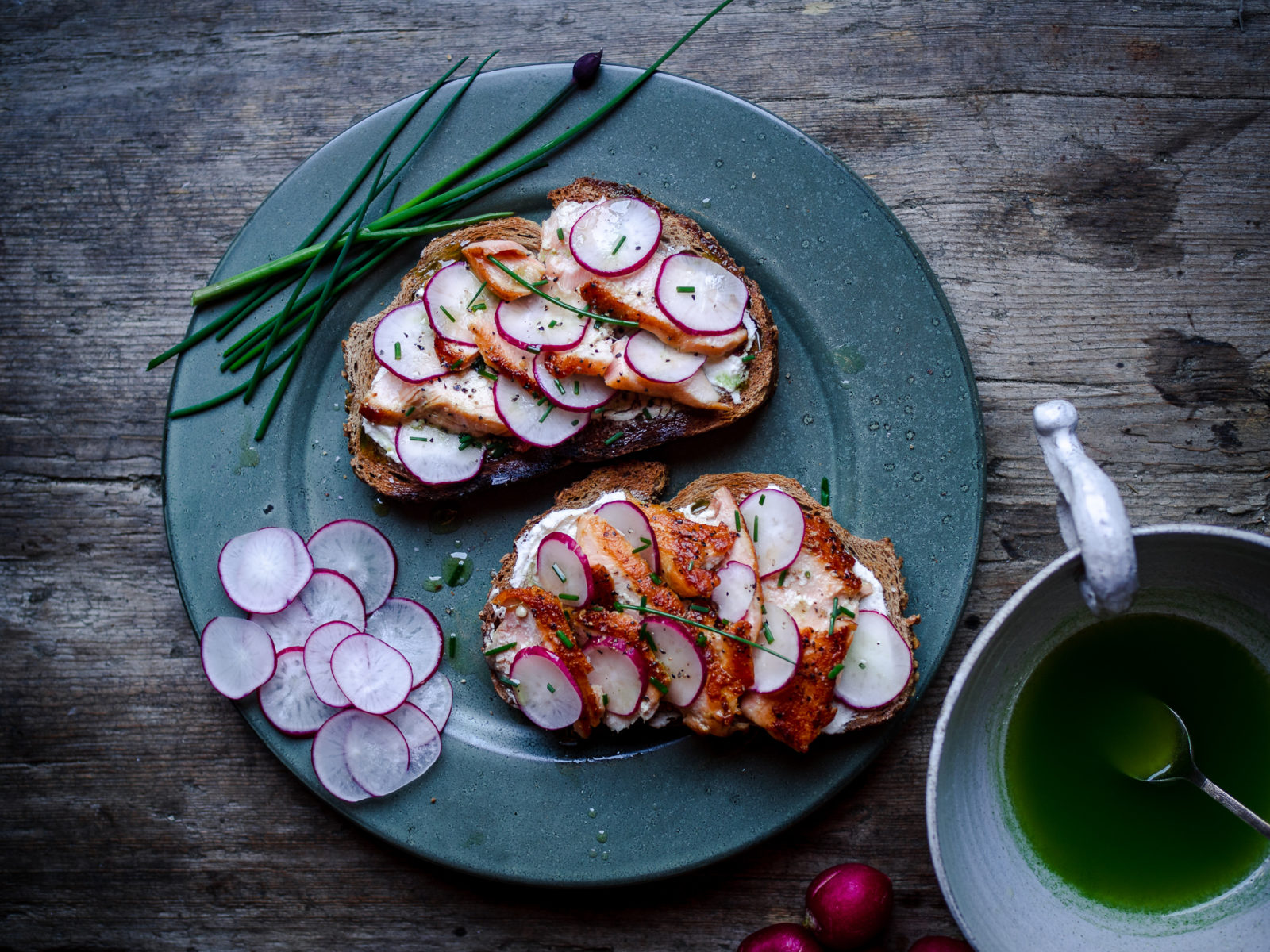 Salmon Open-Faced Sandwiches with Radishes & Chive Oil (smørbrød med laks)