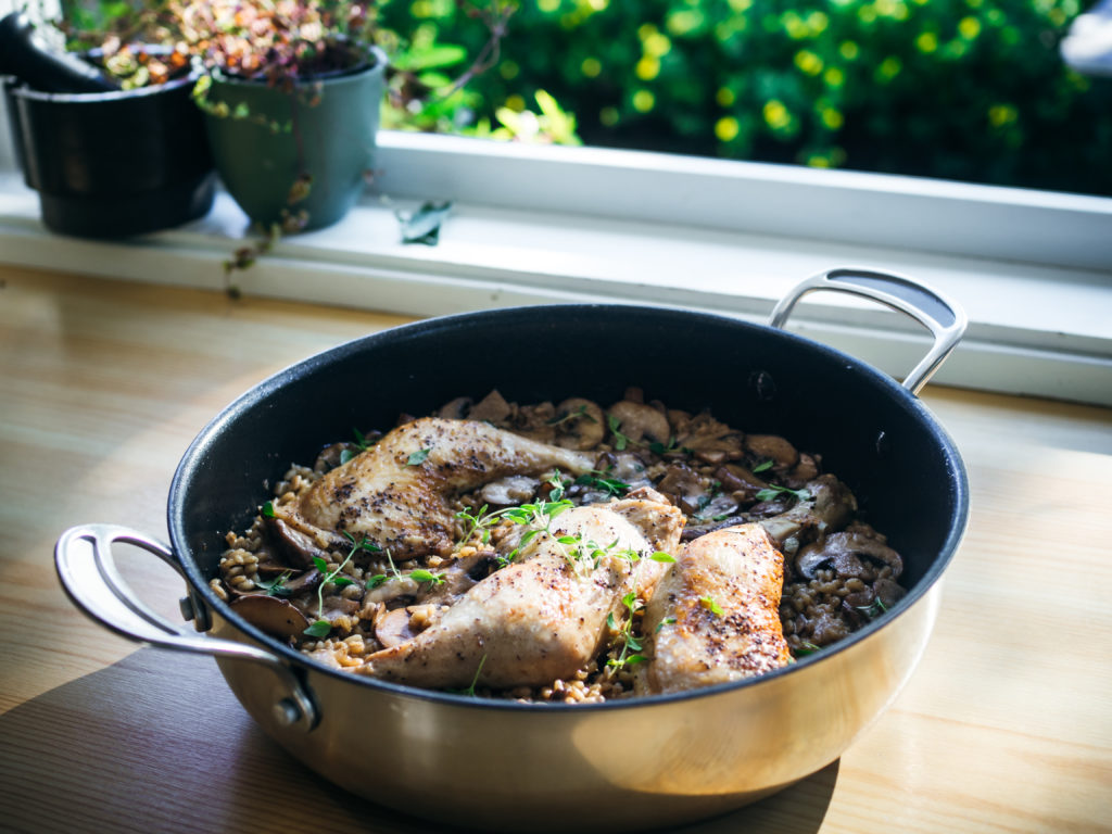 One-Skillet Creamy Chicken, Mushrooms and Barley