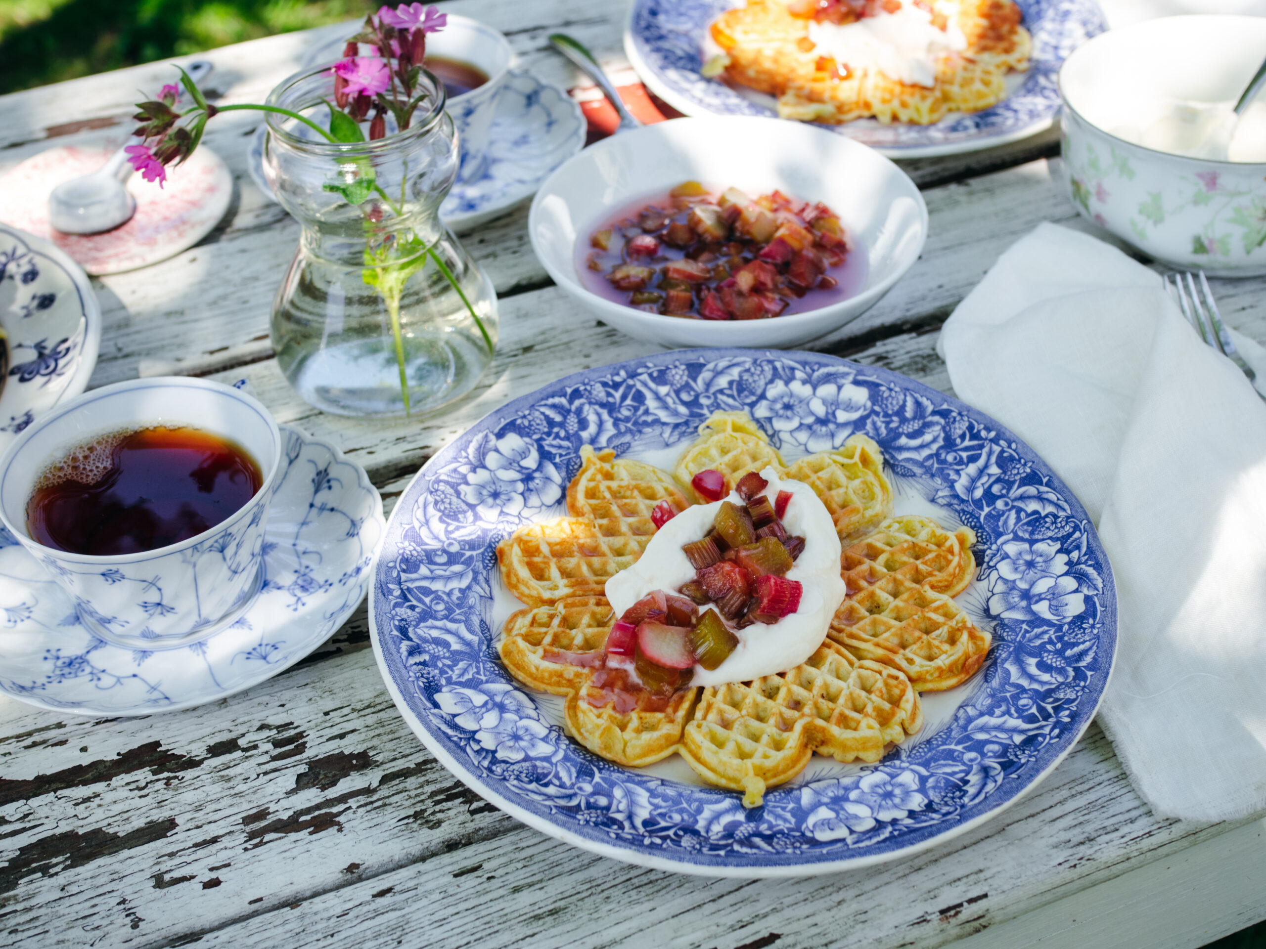 Buttermilk & Cardamom Waffles with Poached Rhubarb