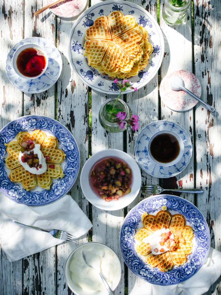 Buttermilk & Cardamom Waffles with Poached Rhubarb 