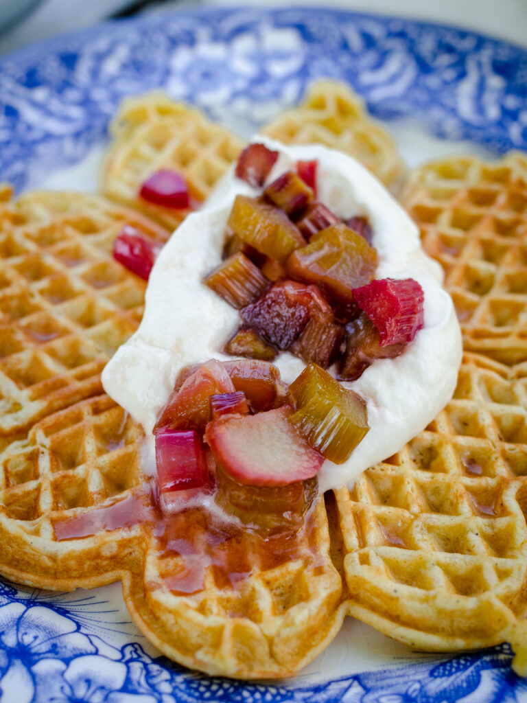 Buttermilk & Cardamom Waffles with Poached Rhubarb 