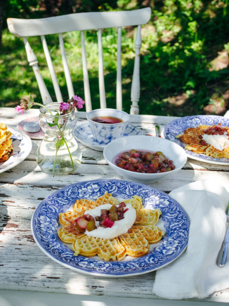 Buttermilk & Cardamom Waffles with Poached Rhubarb 