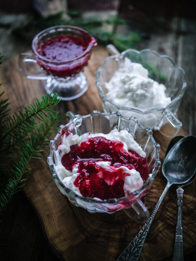 Whipped Norwegian Rice Cream with a Red Berry Sauce (riskrem)