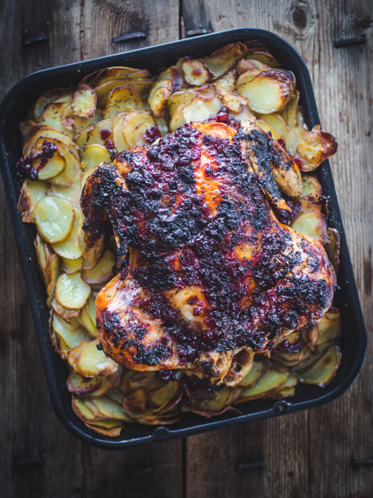 Roast Chicken with a Lingonberry Glaze and Crispy Potatoes