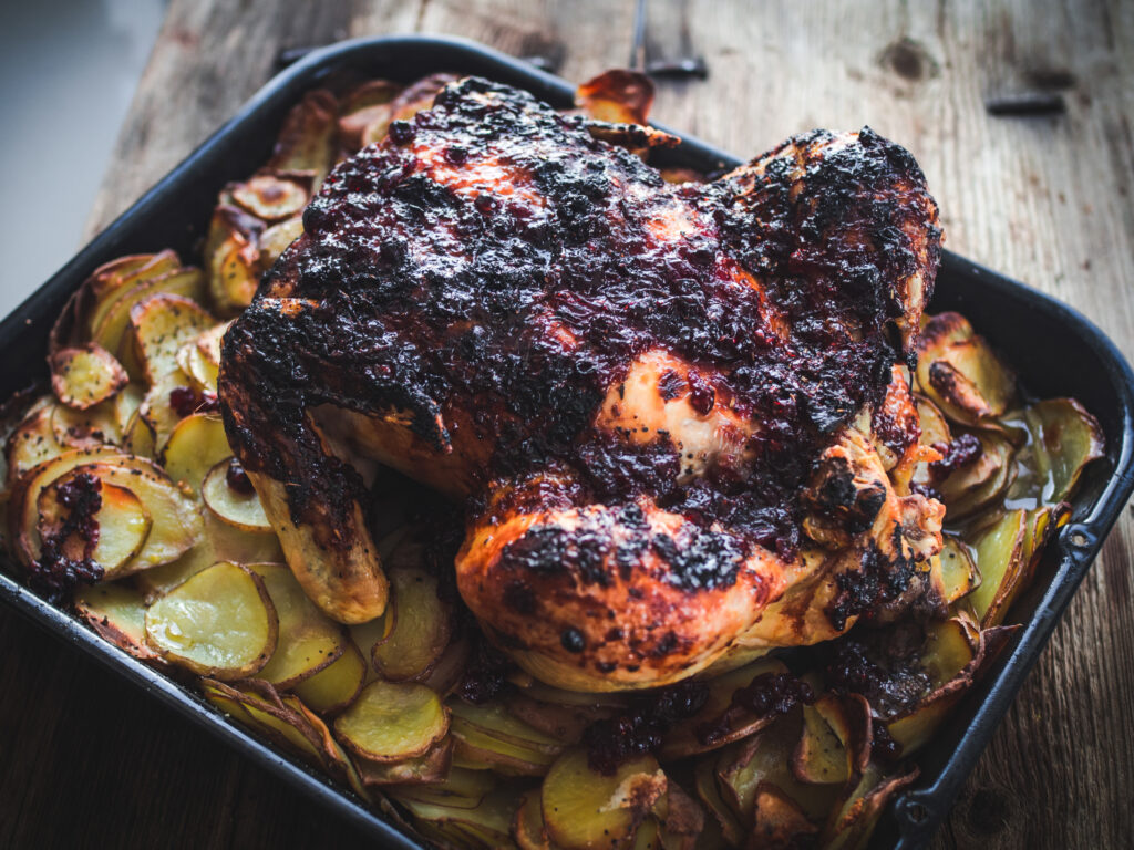 Roast Chicken with a Lingonberry Glaze and Crispy Potatoes 
