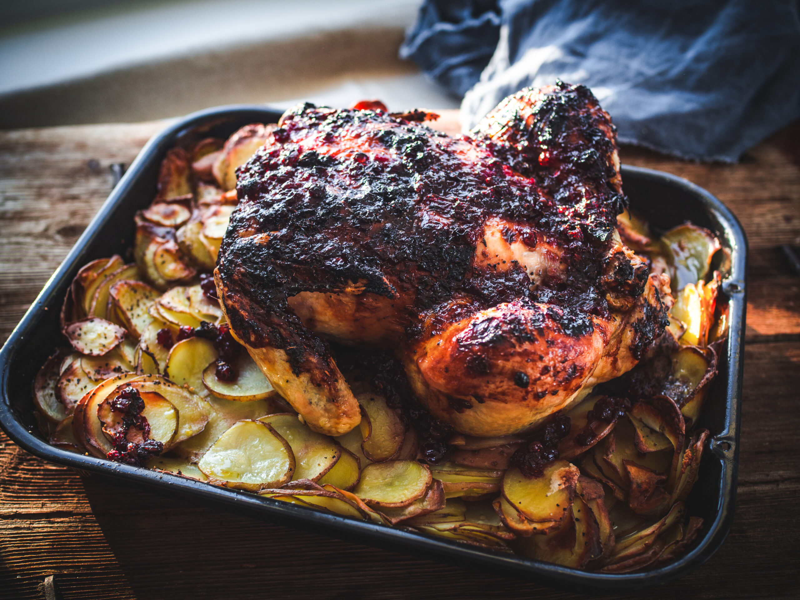 Roast Chicken with a Lingonberry Glaze and Crispy Potatoes