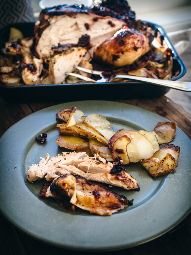 Roast Chicken with a Lingonberry Glaze and Crispy Potatoes