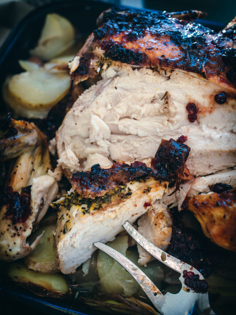 Roast Chicken with a Lingonberry Glaze and Crispy Potatoes